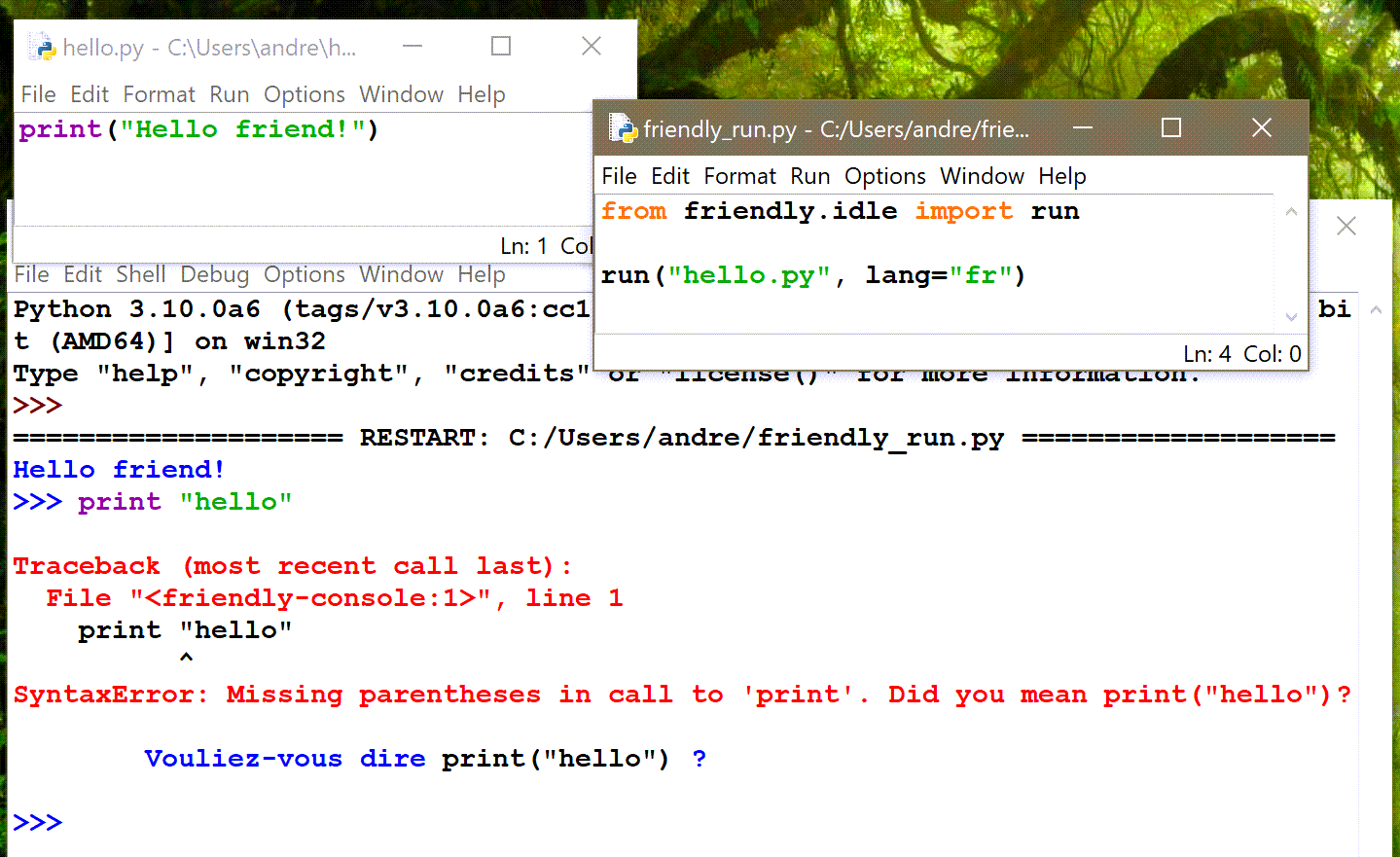 Screen capture of IDLE using friendly to launch a program