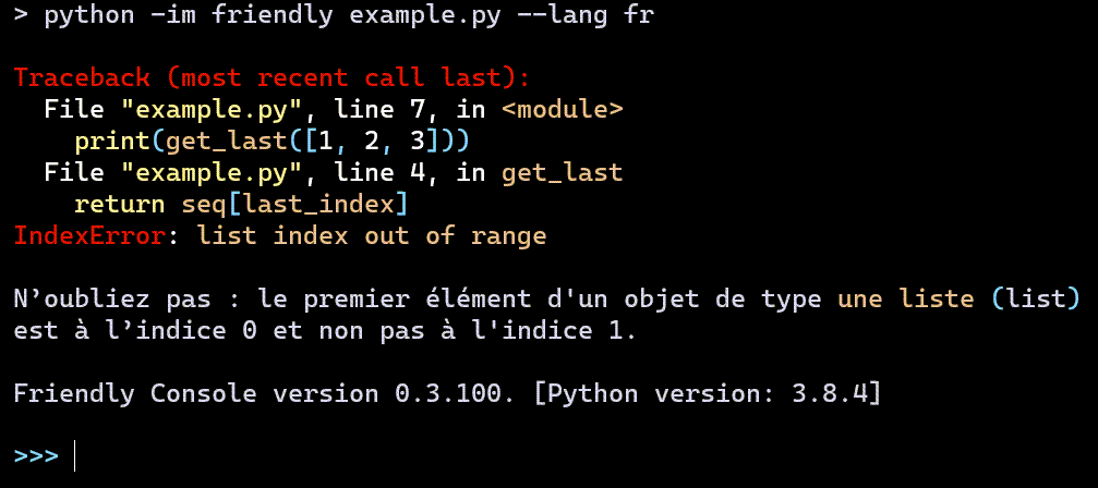 friendly IndexError interactive example in French